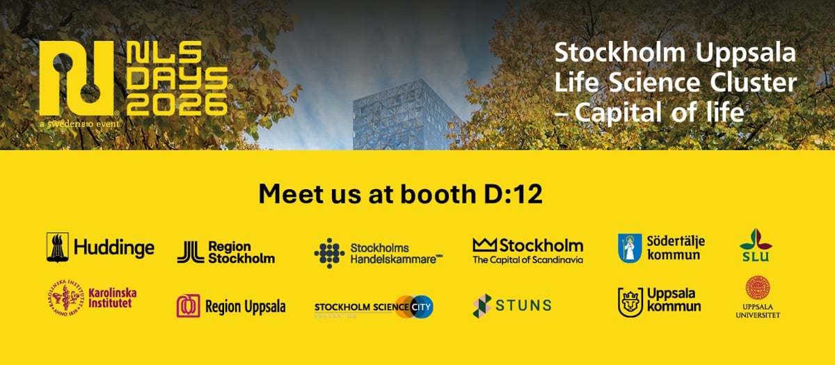 A yellow poster with a picture of a building in the background and the logos of the organisations in the booth.