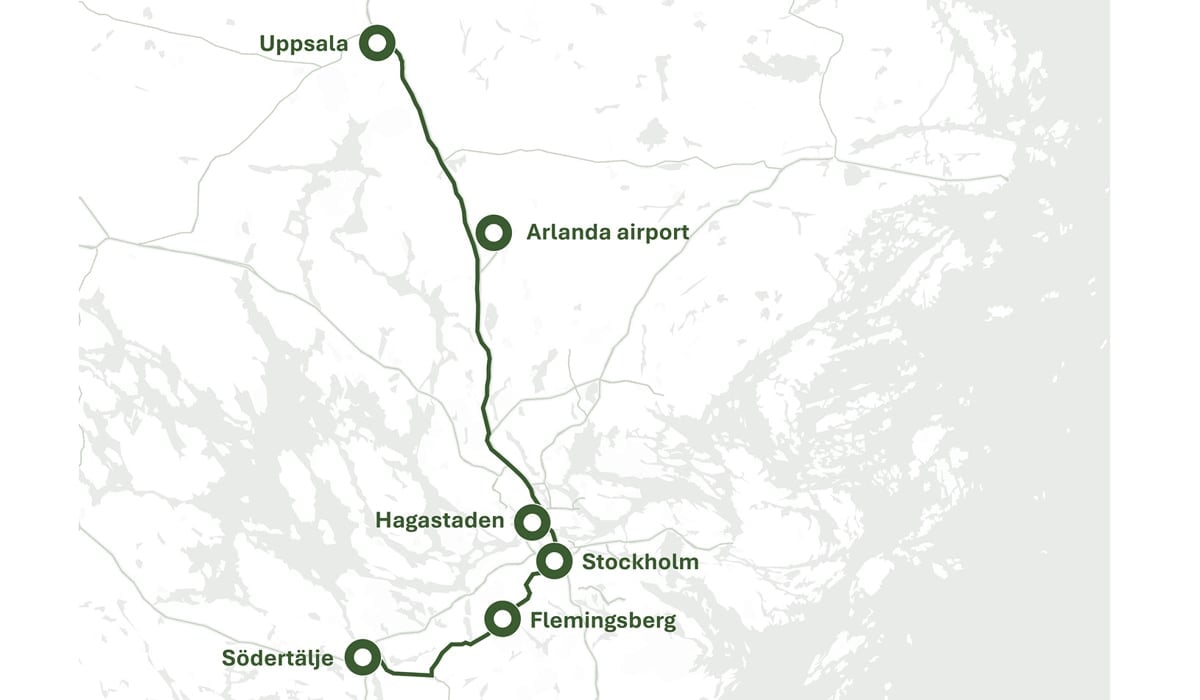 Bild på kart med orter utmärkta från Uppsala i norr till Södertälje i söder.